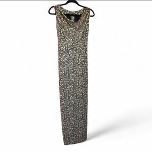 90s Sleeveless Rose Jacquard Maxi Dress in Brown and Cream